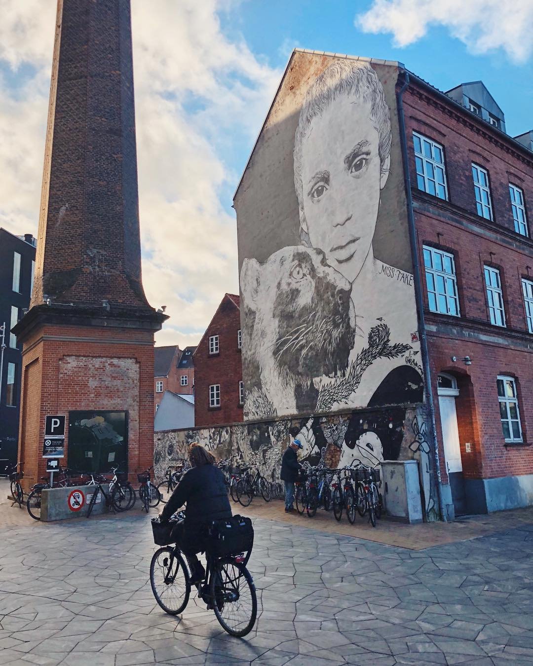 Person cycling past street art in Odense, on Fyn