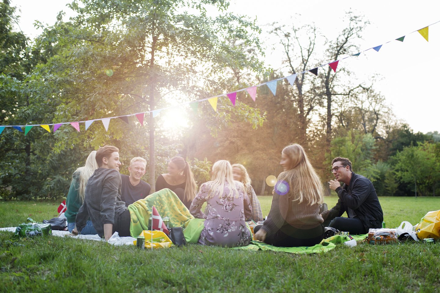 Freunde sitzen zusammen bei einem Picknick im Kopenhagener Park Frederiksberg Have
