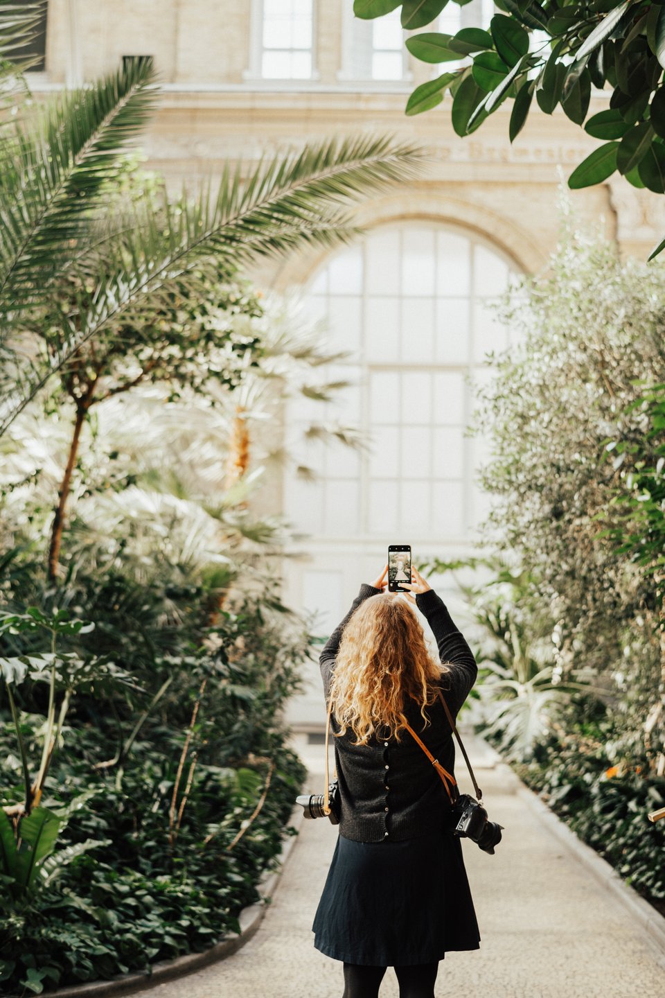 Woman taking a photo in the Winter Garden at Glyptoteket in Copenhagen
