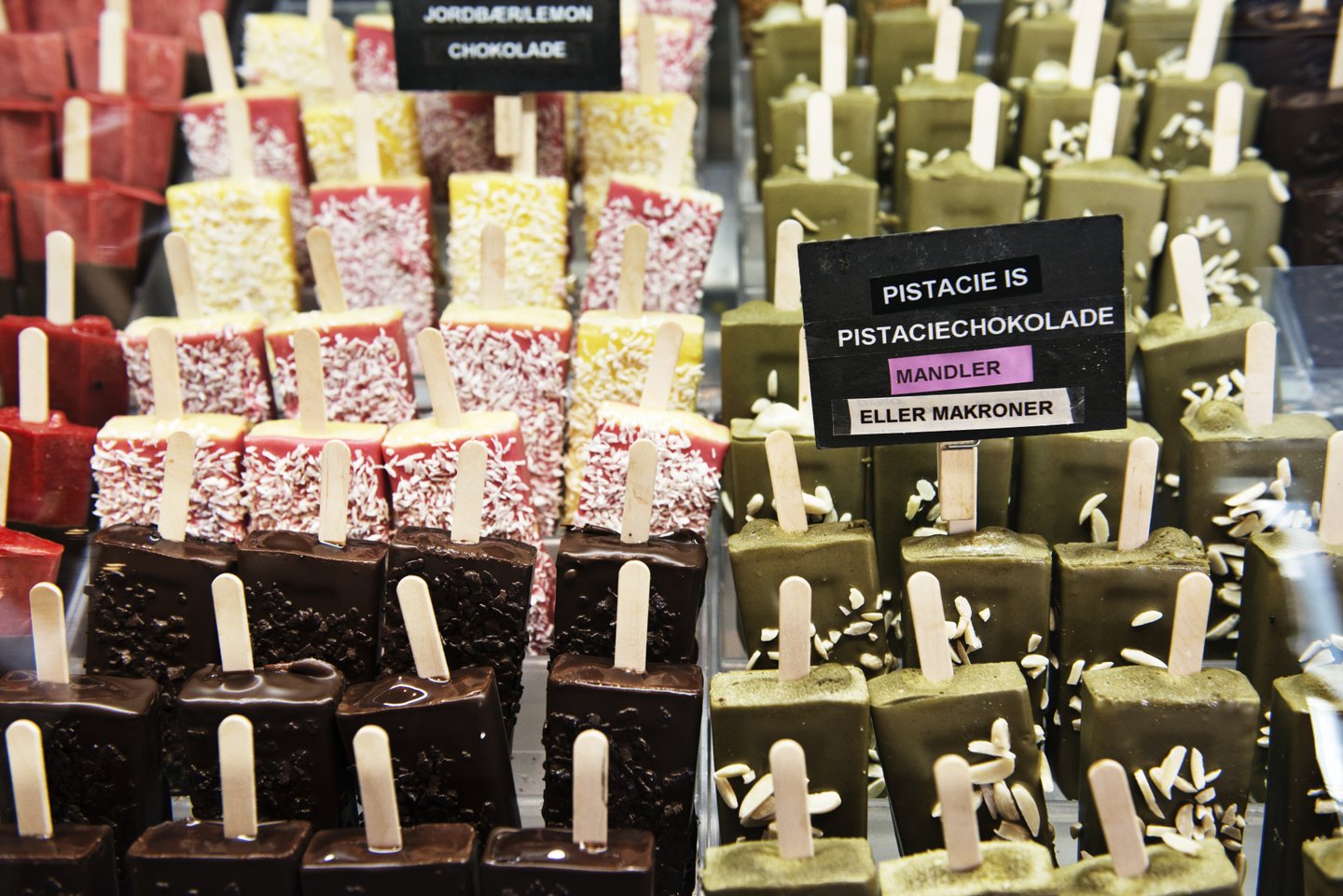 The different flavours of icecream at Olufs icecream shop in Copenhagen.