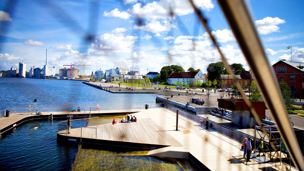 A sunny day with blue skies at Aalborg Harbour Baths, Denmark