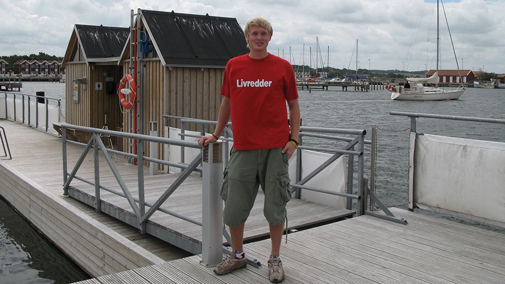 A lifesaver stand on the deck at Nibe Fjord Bath, an open air swimming pool near Aalborg, Denmark