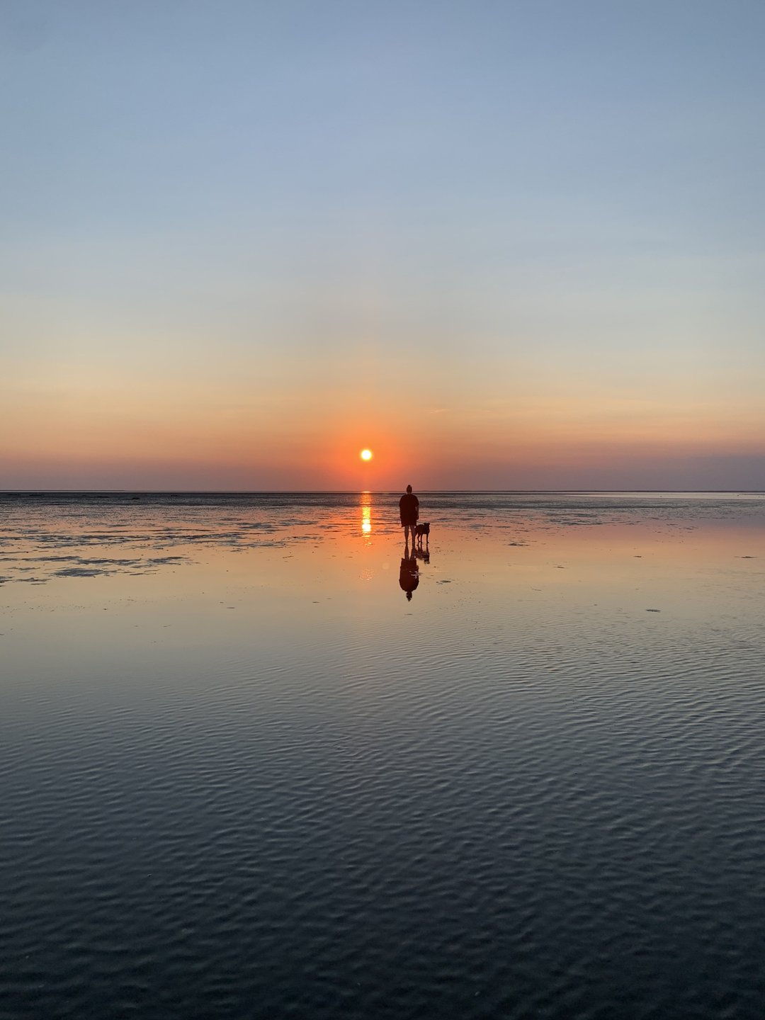 A woman walking her dog on the banks in the Wadden Sea National Park.