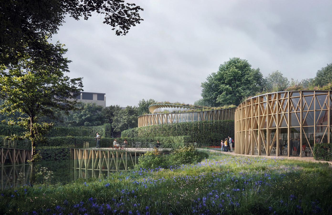 A rendering of the gardens and exterior of the Hans Christian Andersen museum in Odense, Denmark