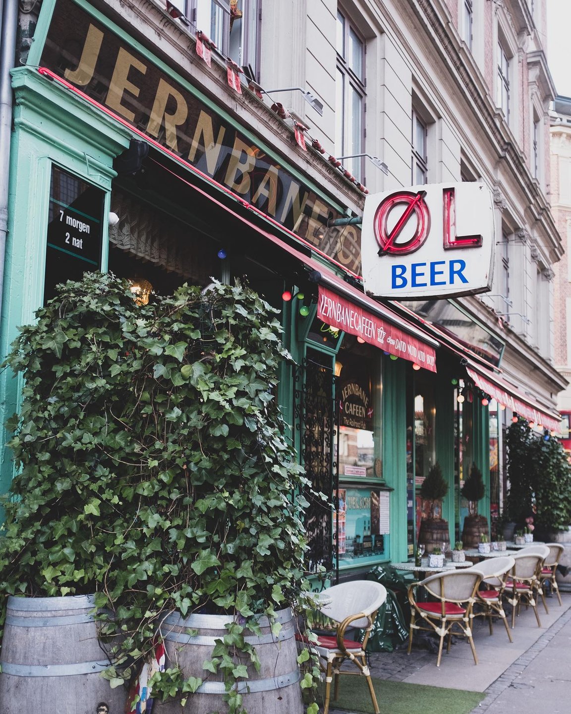 The exterior of Jernebane, a bodega or local bar in Copenhagen, Denmark
