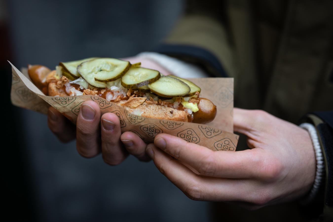 Hot dog from organic hot dog stand "DØP" in Copenhagen