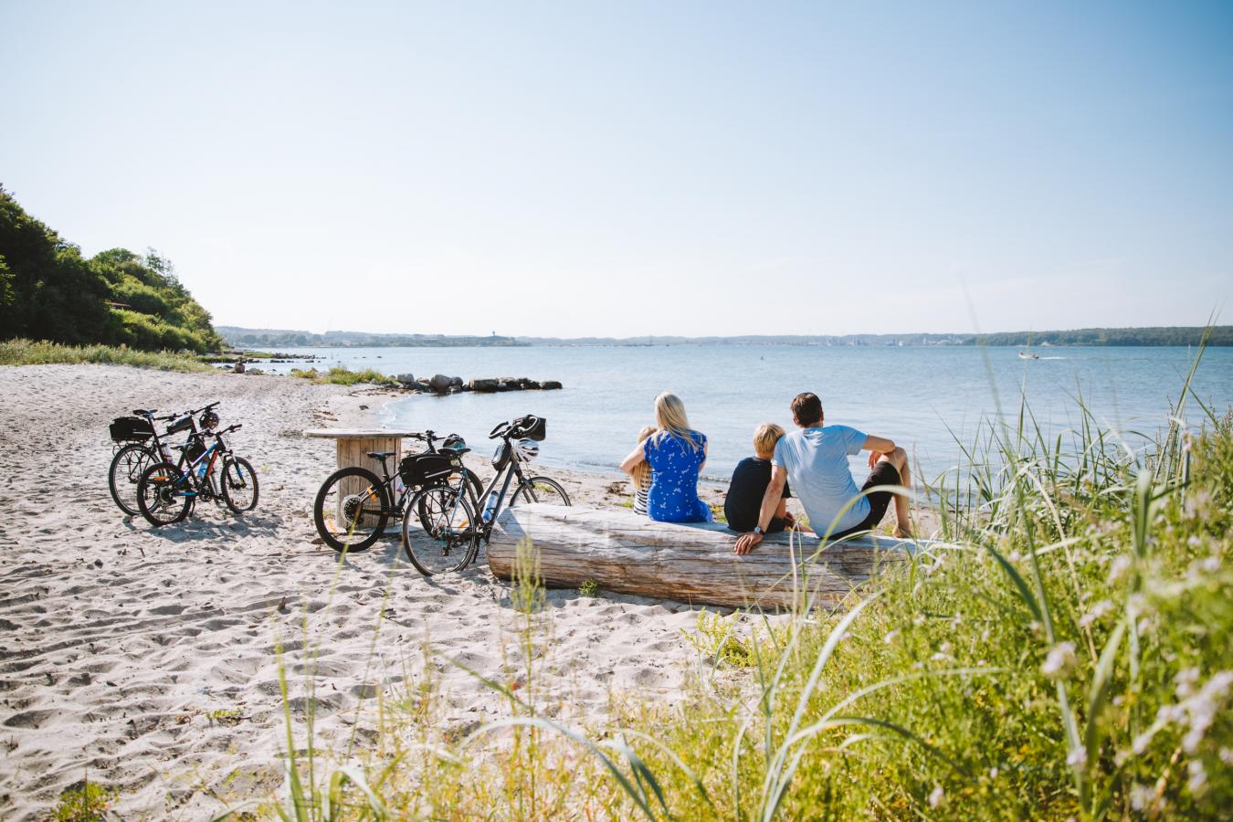 Family at a beach with their bikes in Southjutland