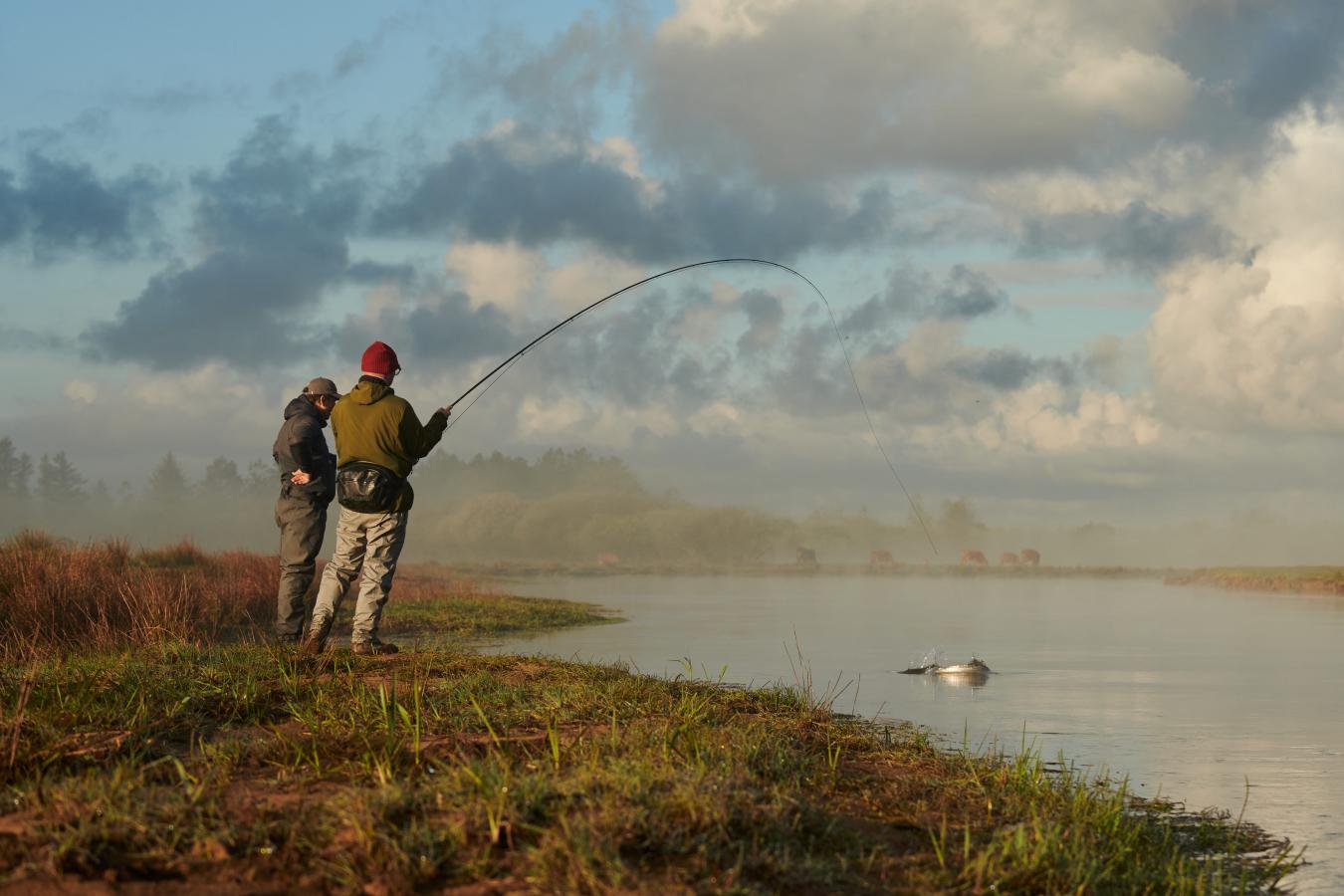Zwei Angler angeln im Sonnenaufgang, Dänemark