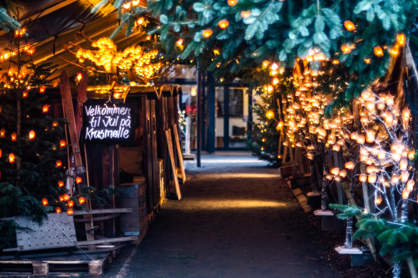 Bild von Eingang zum Weihnachtsmarkt in Krusmølle, der mit Lichterketten geschmückt ist. 