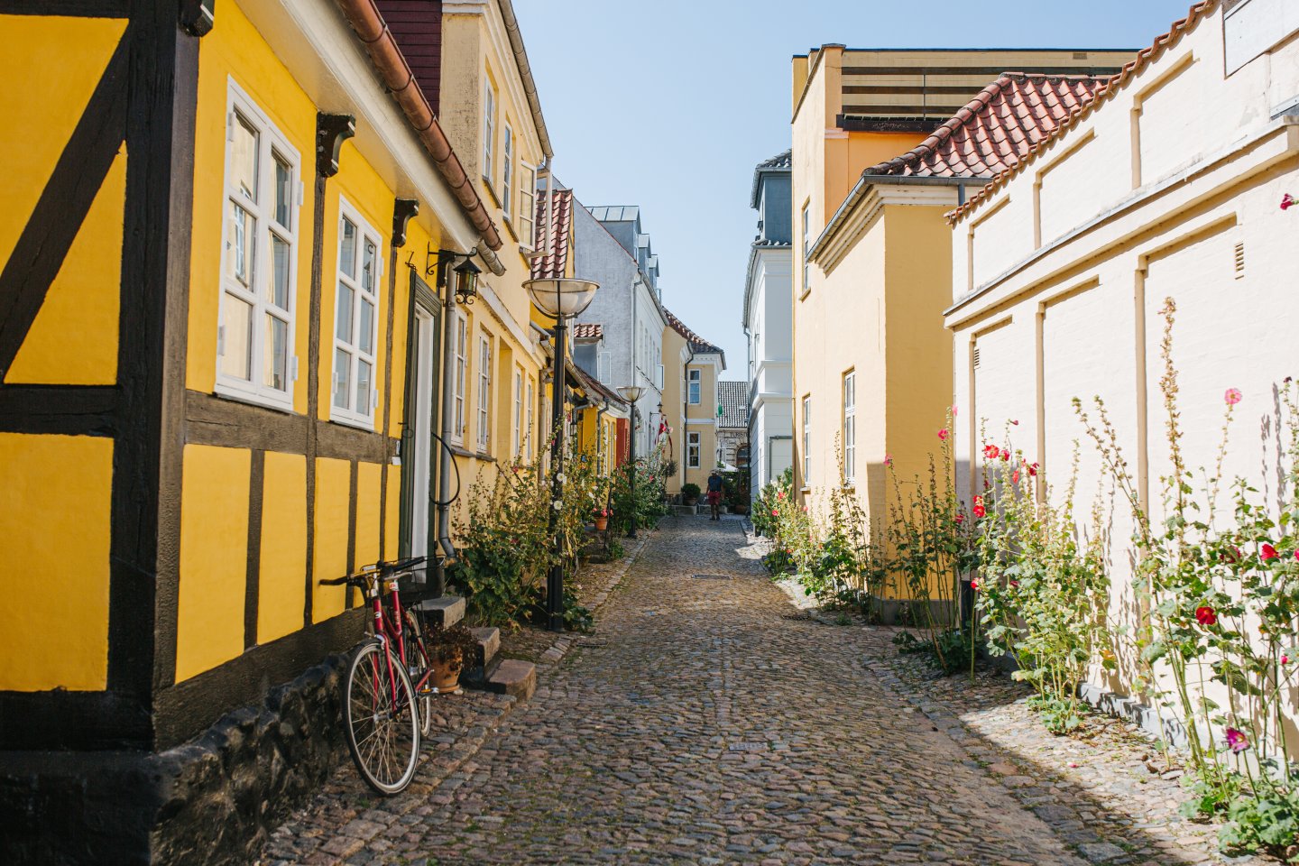 Cobblestone street with colourful houses in Faaborg, Fyn