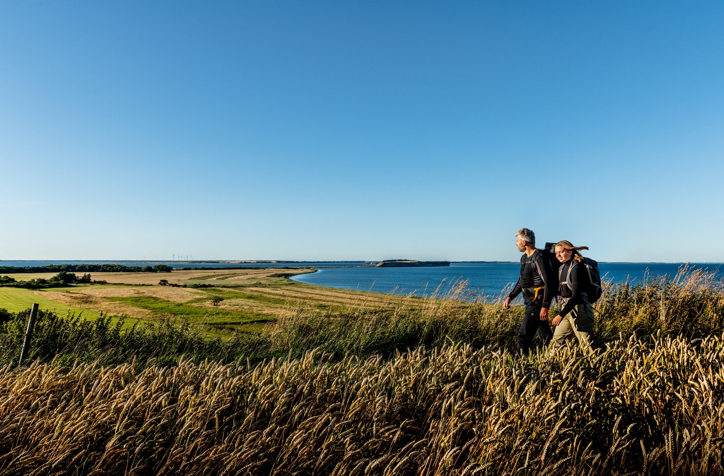 Paar wandert in Moors, im Hintergrund sieht man das Meer, Dänemark