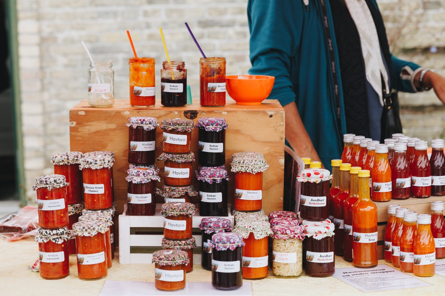 Stall with homemade, local jam at the organic food market in North Zealand, Denmark