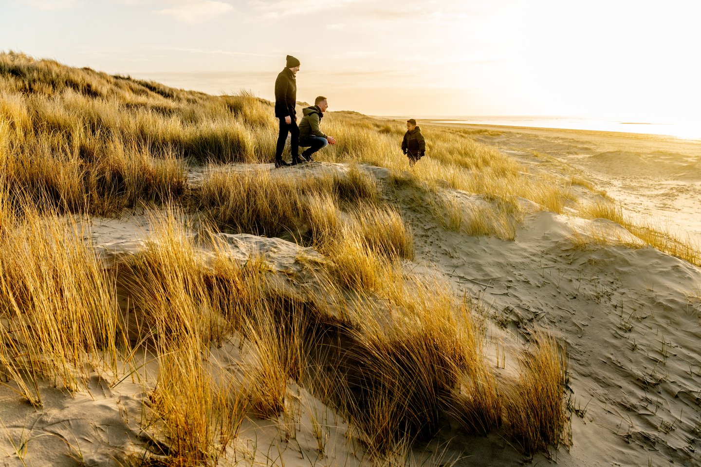 Family in dunes at Blåvand beach, West Jutland