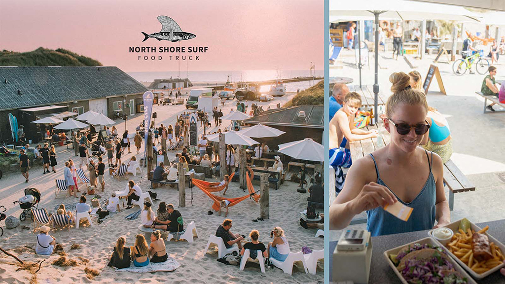 kvinne kjøper mat ved North Shore Food Truck ved Løkken strand, Nordvestkysten, Danmark