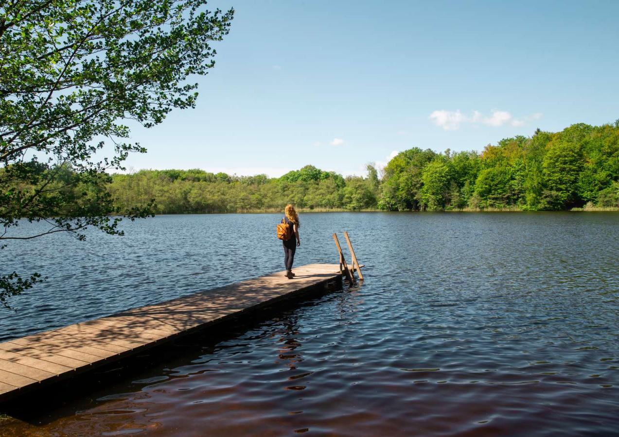 kvinne står på flytebrygge og ser ut over innsjøen Avnsø i Nasjonalparken Skjoldungernes Land, Fjordlandet, Danmark