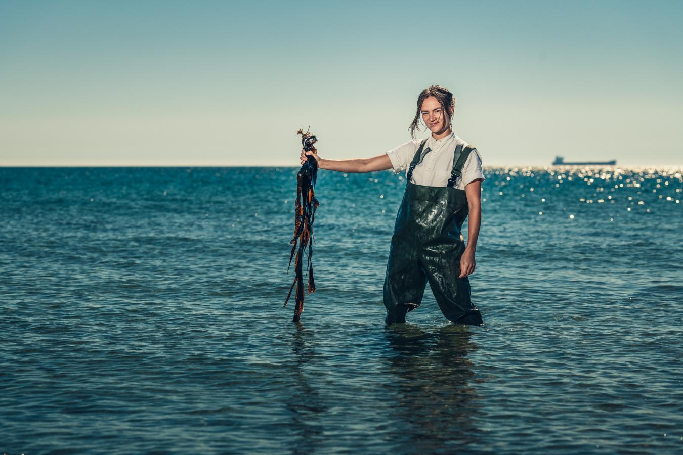 Chef Mathilde from restaurant Blink foraging seaweed by the beach in Skagen, North Jutland
