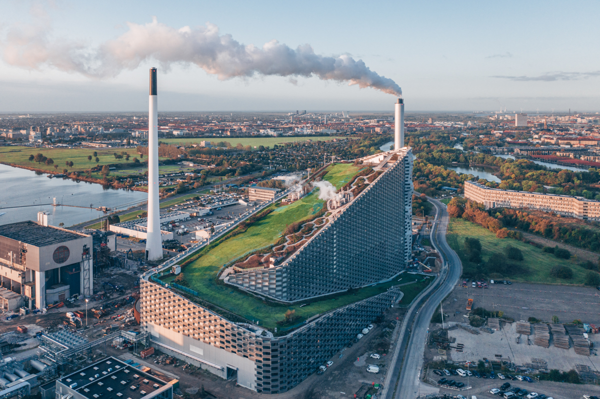 CopenHill or Amager Bakke, the ski slope on top of a power plant in Copenhagen neighborhood Refshaleøen