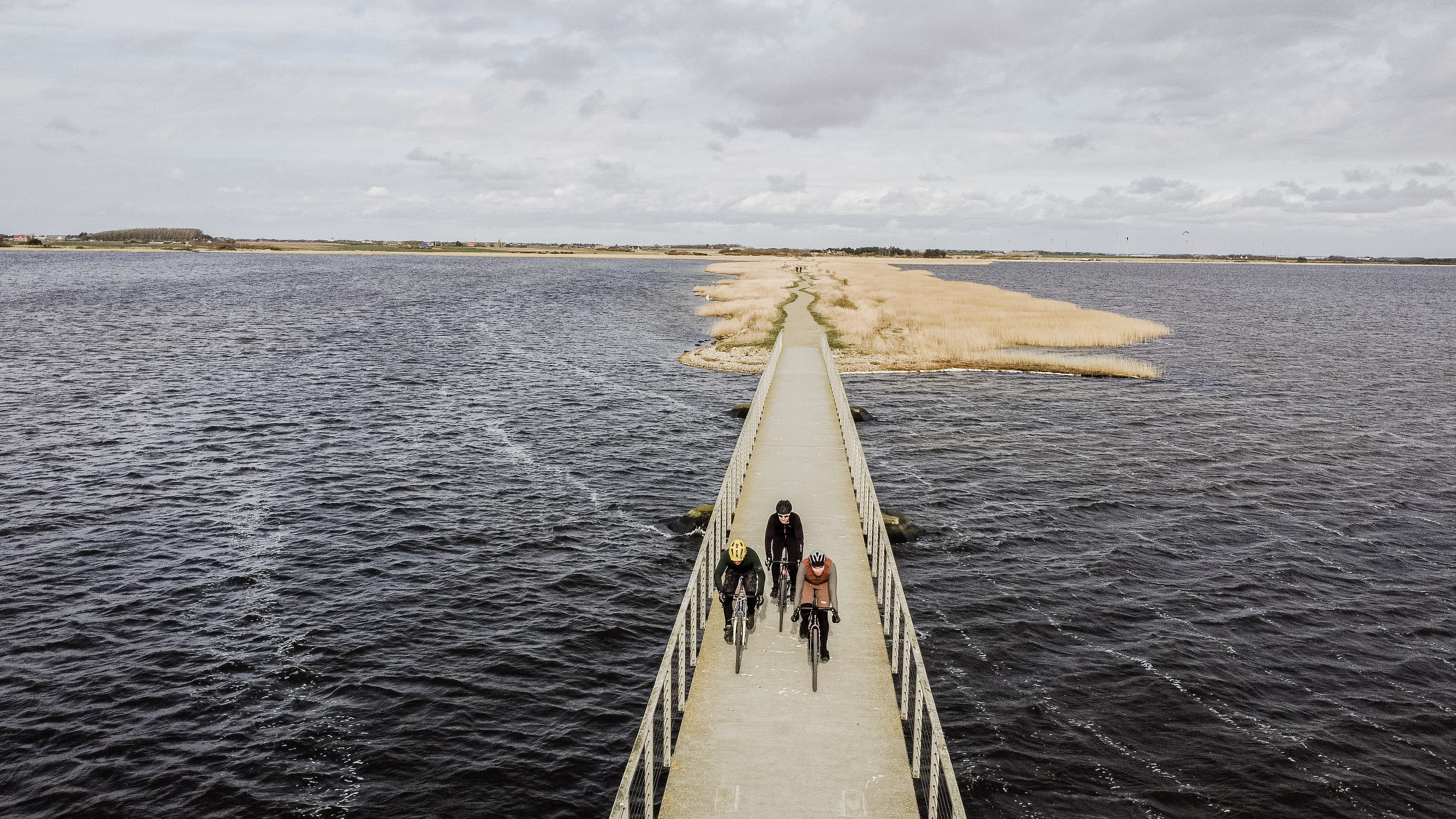 Bild von Radfahrern, die über den Damm Bagges Dæmning bei Ringkøbing Fjord fahren