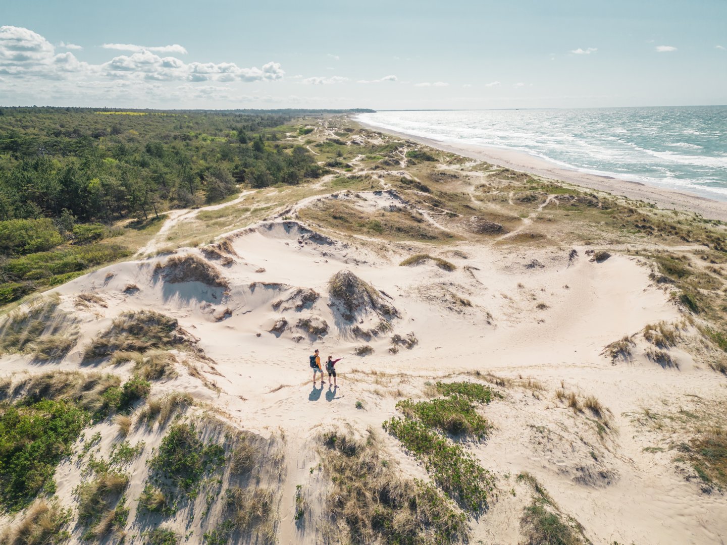 Wandelaars in de duinen aan de Deense Riviera, in Noord Seeland, Denemarken