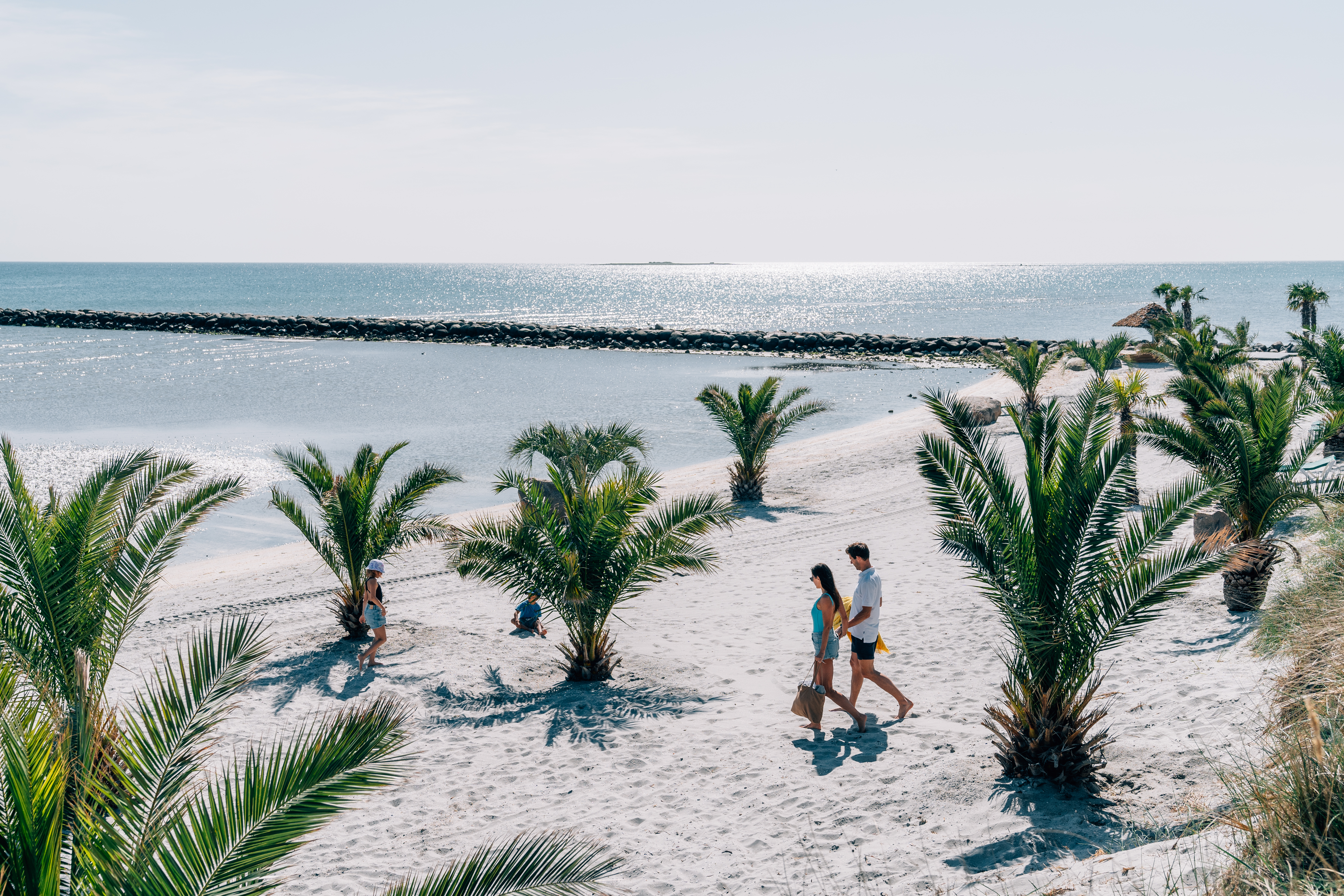 Bild von einer Familie am Palmenstrand mit dem Meer im Hintergrund