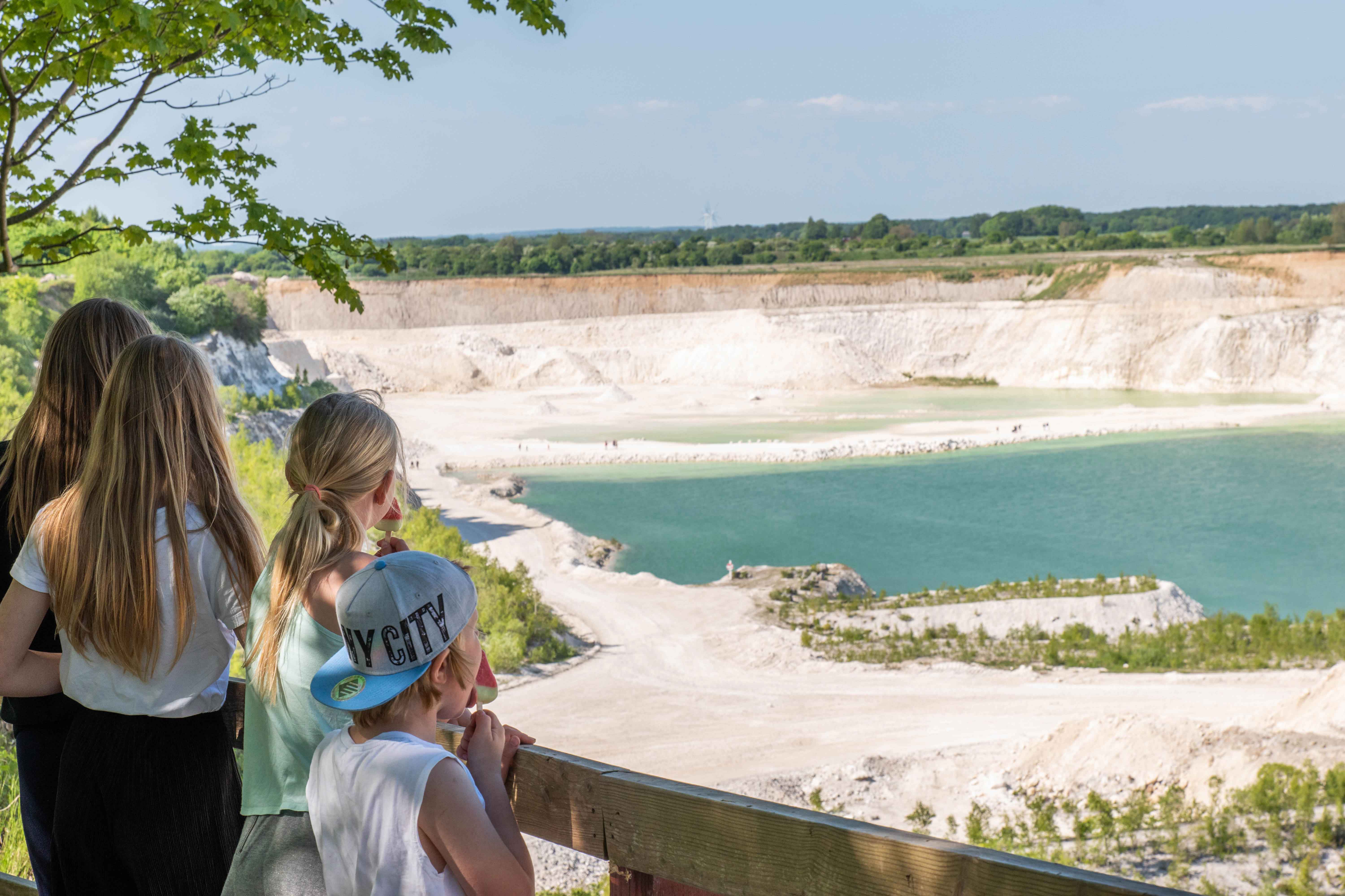 A family with kids watching a limestone quarry