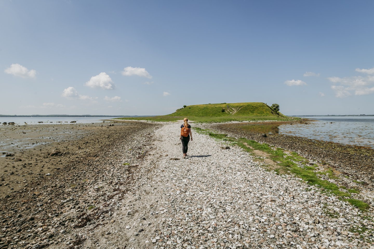 Een wandelaar verkent het schiereilandje Bolund Halvø in Nationaal Park Skjoldungernes Land in Denemarken 