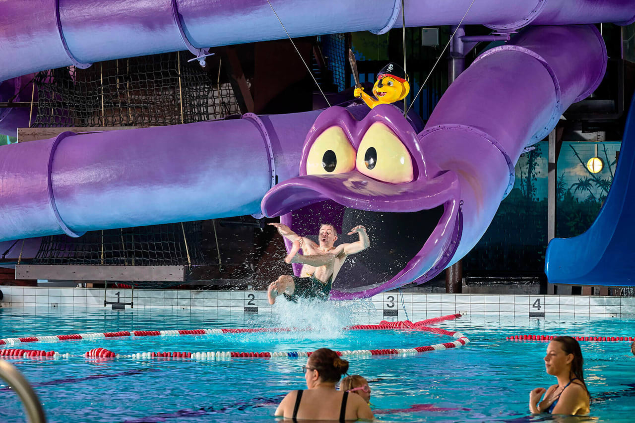 A big purple snake slide at Jesperhus water park