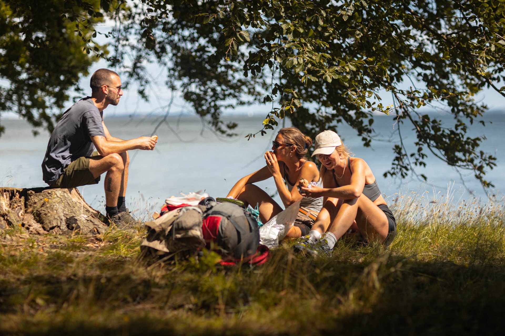People on a hike on Danish Island Fyn taking a break at the coast