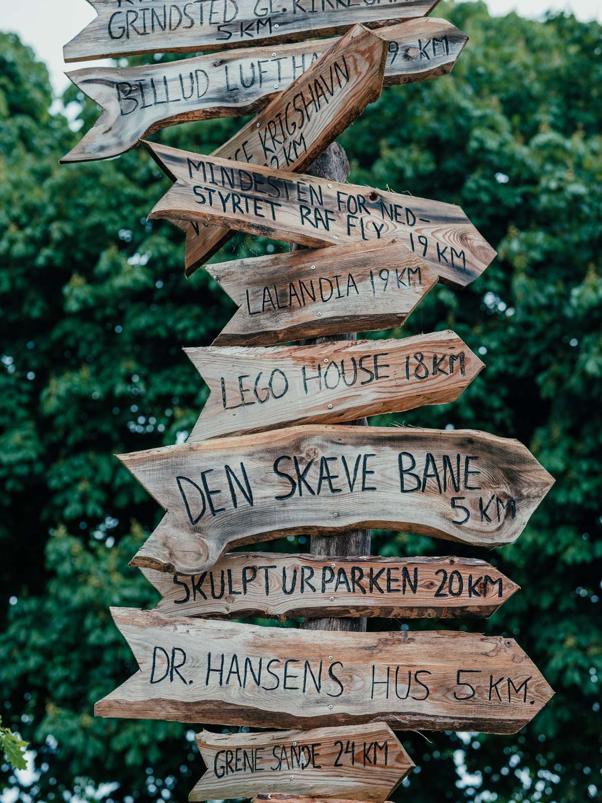 A handmade wood sign of places to visit in Billund