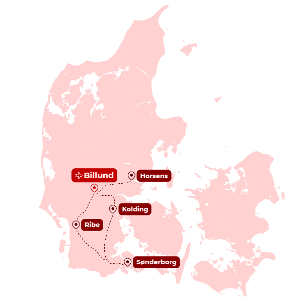 Kart over rundreise i Sydjylland