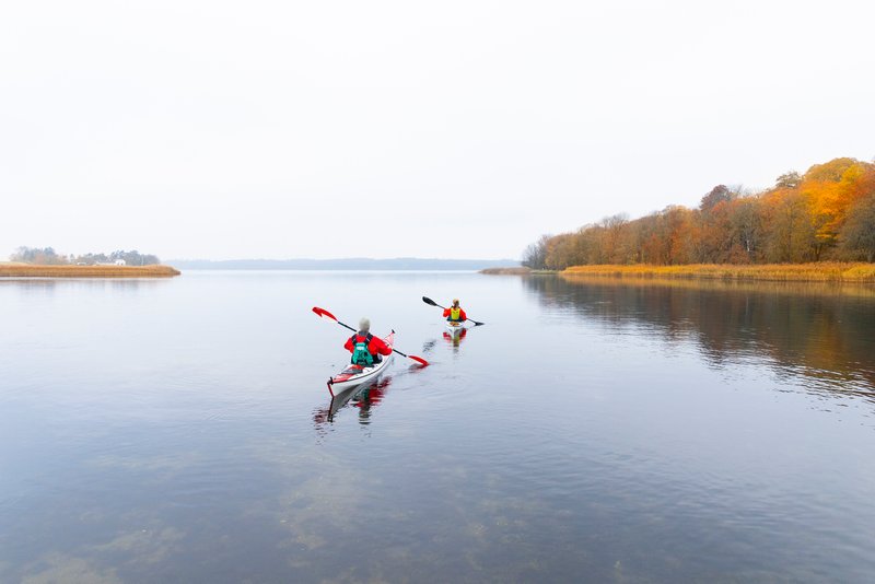 Zwei Menschen in Kajaks auf dem Fjord
