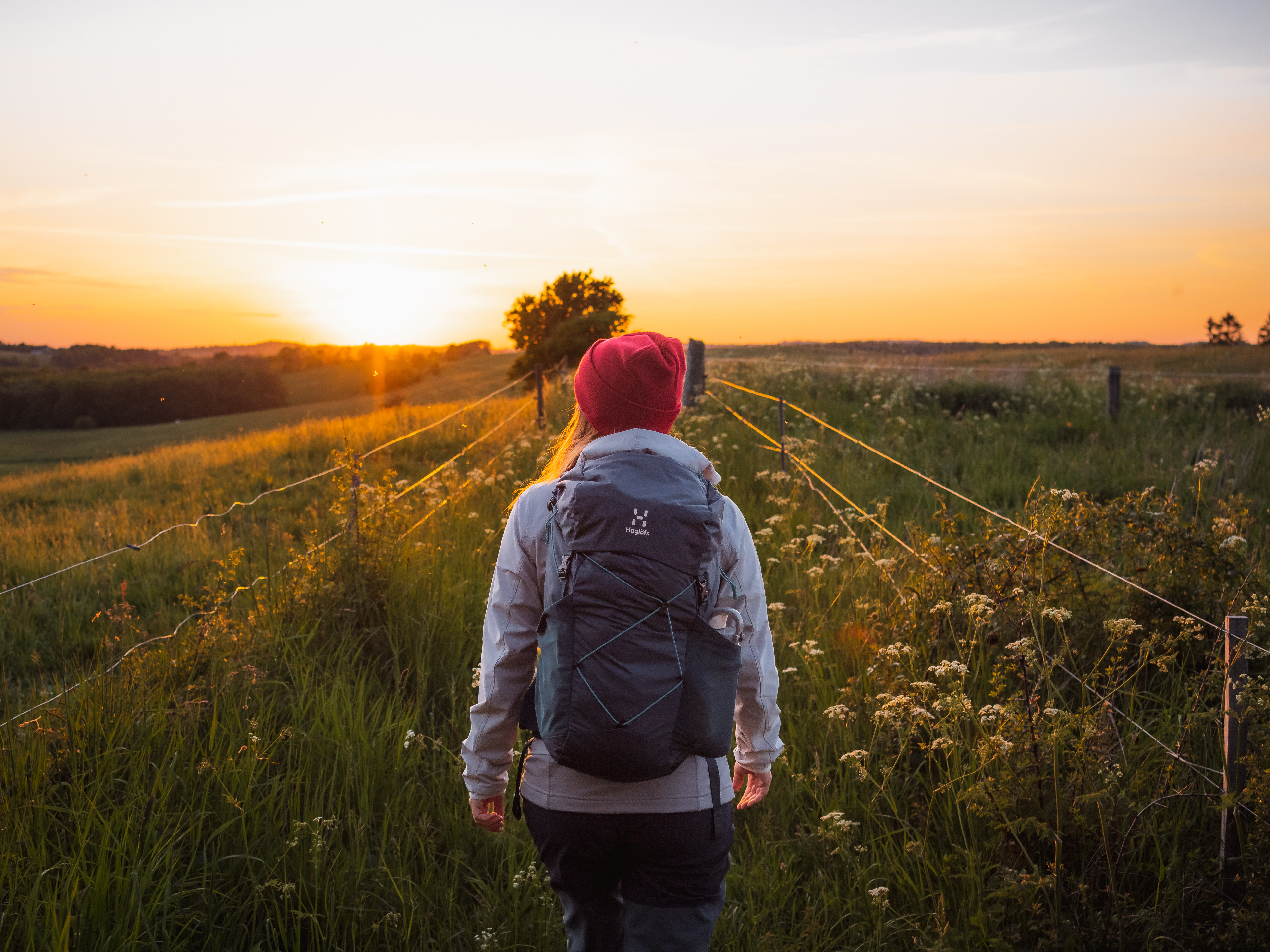Wanderin auf dem Halsnino in Nordseeland im Sonnenuntergang
