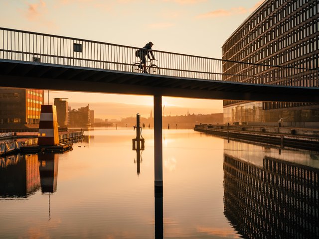 Cyclist on the Bike lane called Cykelslangen in Copenhagen in a misty morning sunrise