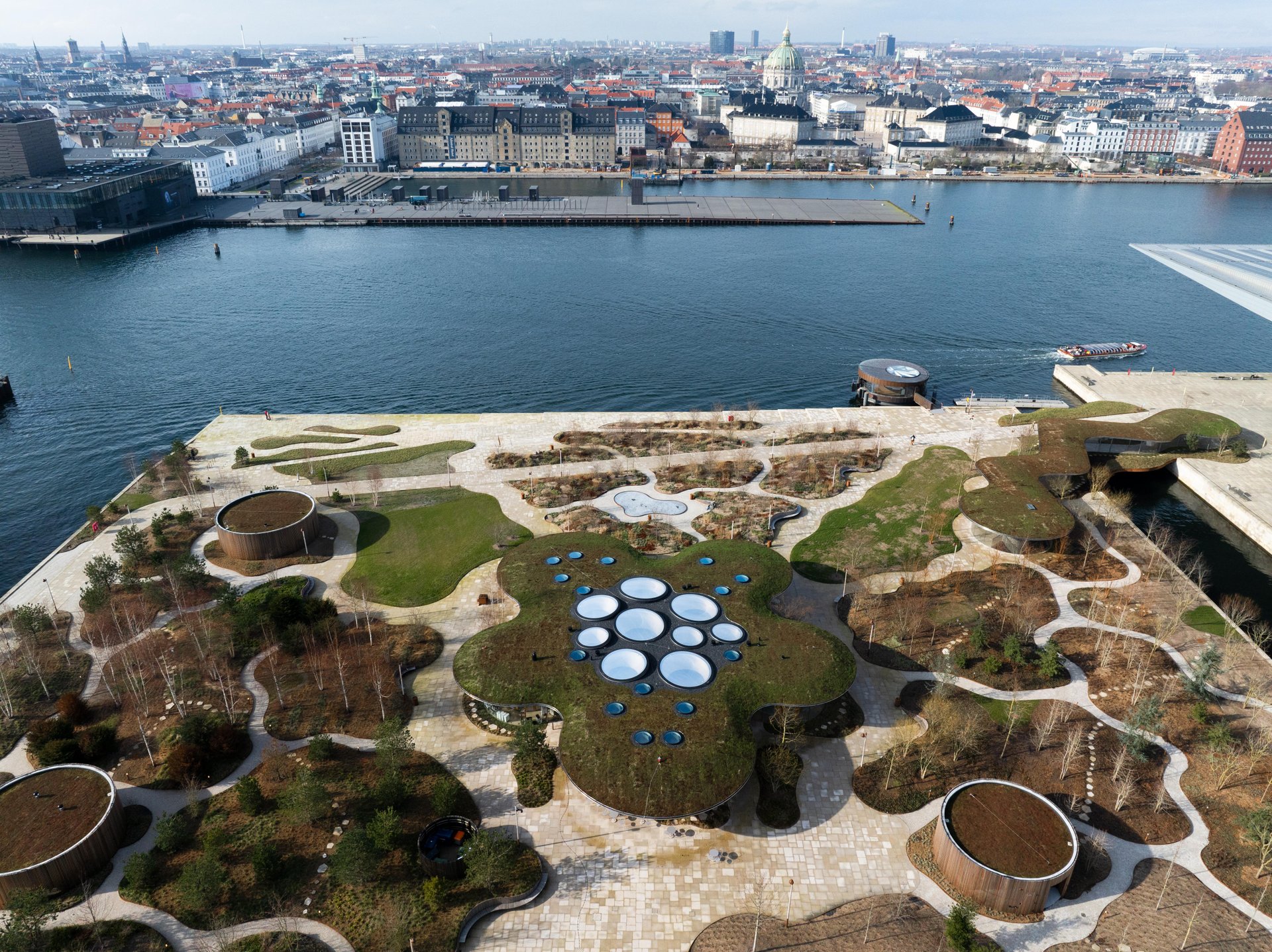 Copenhagen waterfront opera house, drone view