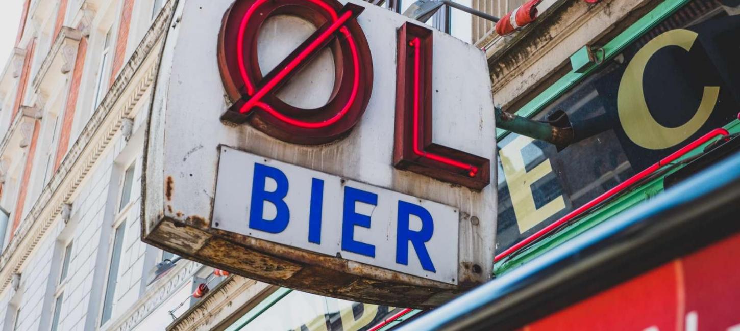 Øl beer sign outside a bar in  Vesterbro, Copenhagen, Denmark