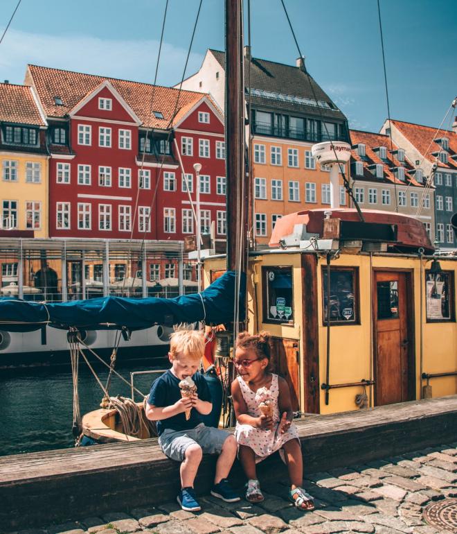 Kids eating ice cream in Copenhagen's iconic Nyhavn