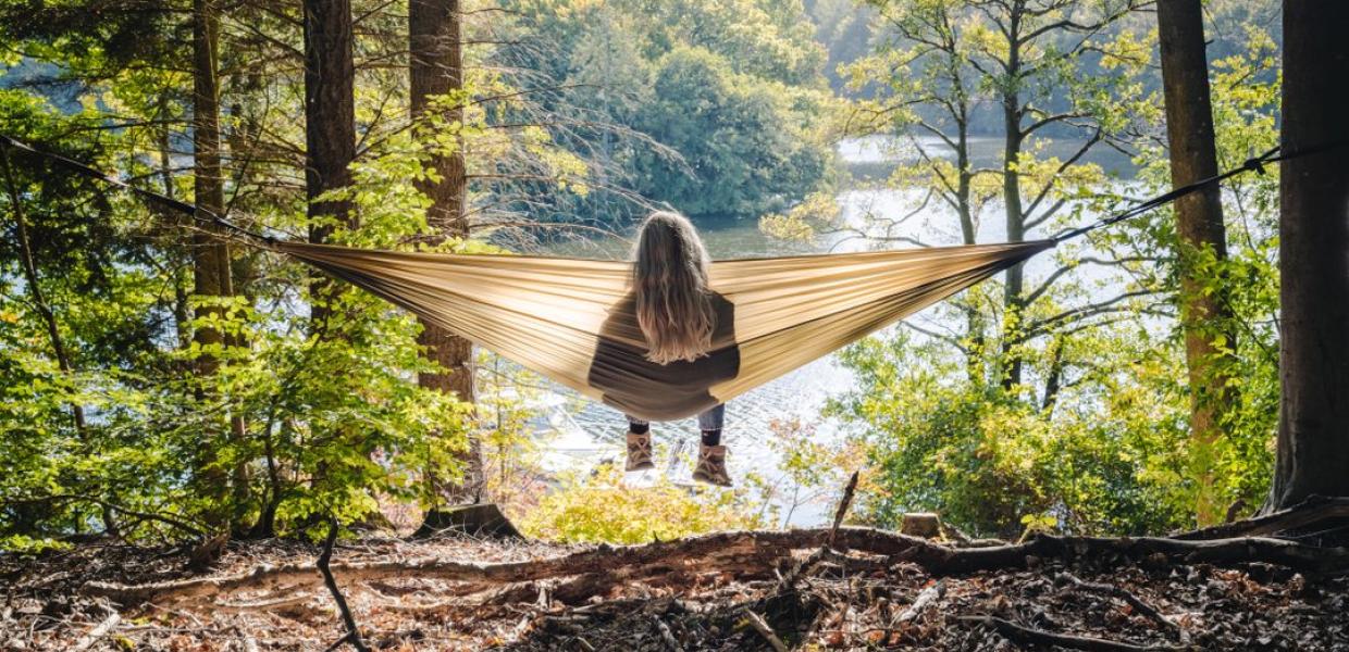 Woman in hammock at Silkeborg, East Jutland