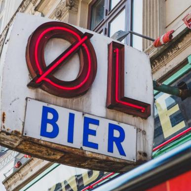 Øl beer sign outside a bar in  Vesterbro, Copenhagen, Denmark