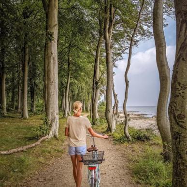 Lady walks with a bike in Hornbæk plantage, Denmark