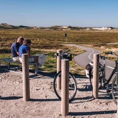 Fahrradfahrer schauen in eine Karte und sitzen am Rande einer Straße, Dänemark, Nordseeküste
