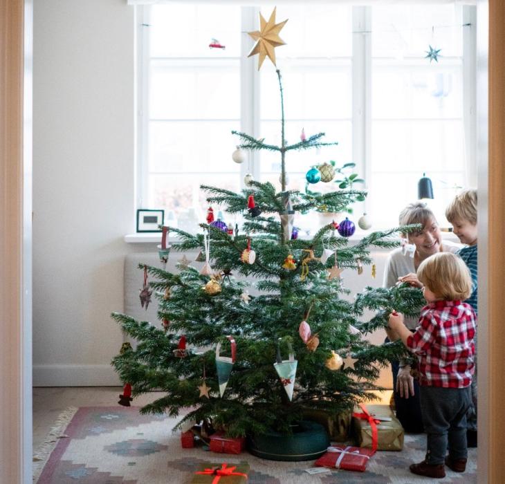 Familie dekoriert gemeinsam einen dänischen Weihnachtsbaum